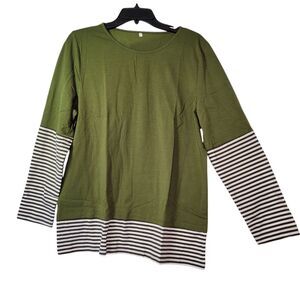 Women  Round Neck Green Olive Striped Trim Pullover Long Sleeve Top Size Large